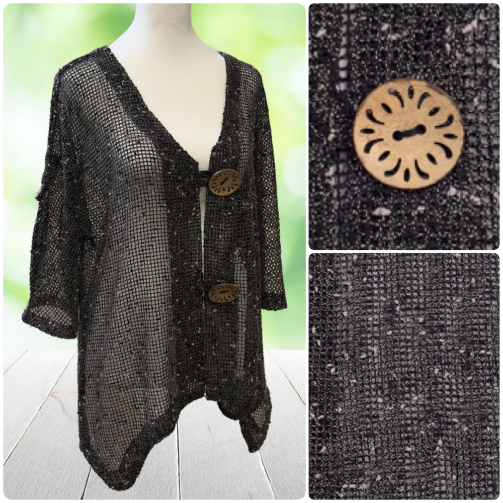LULU B Boucle Mesh Topper Jacket Sheer Wood Button Lagenlook Boho Black Size M
